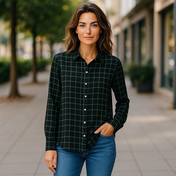 J. Crew Navy Blue Windowpane Blouse Size Medium Button Up Top Semi Sheer Green - Picture 1 of 7